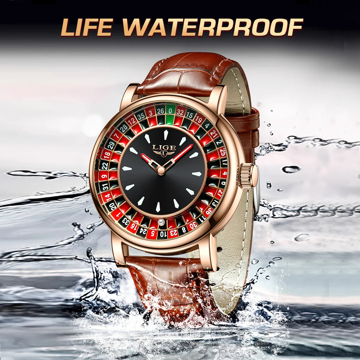 Fashion Brown Leather Men Watch Rotating Dial Las Vegas Roulette Desktop Theme Watch Men Waterproof Luminous Clock Watches