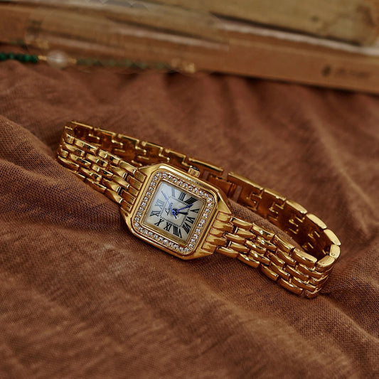 1Pc New Arrival Gold-Tone Square Dial Women'S Waterproof Watch with Inlaid Rhinestone, Elegant & Simple Style, Watch for Women